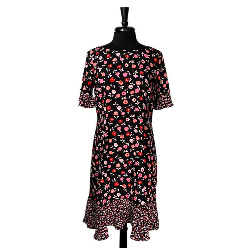 Talbots Petite Womens 8P Black Floral Shift Dress Bow Sleeve Ruffle Hem NWT $149